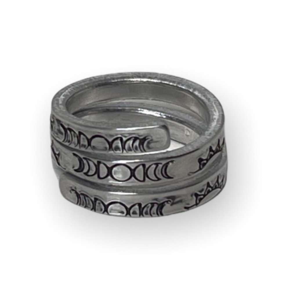 Handmade 6/7 stamped moon phases/sun silver adjustable hypoallergenic wrap ring‎